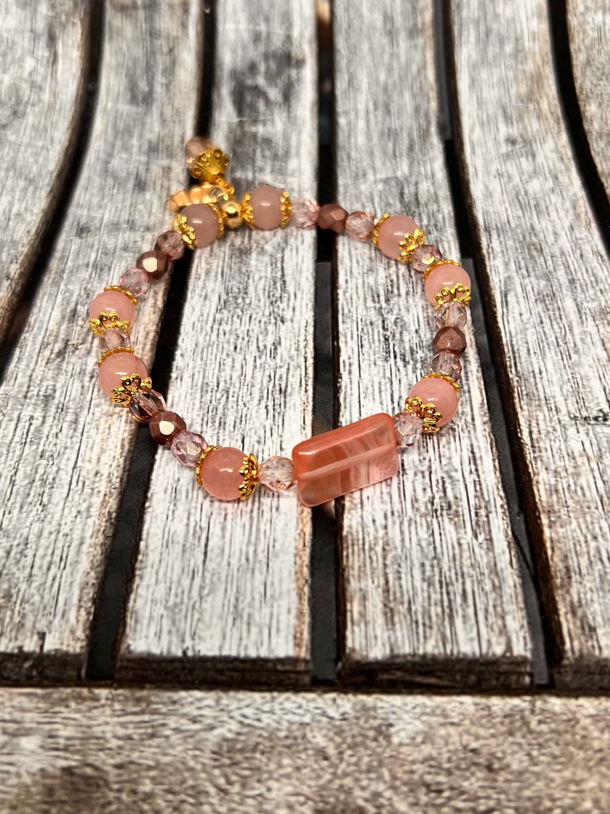 Sseau Beautiful! Strawberry Dream stretch bracelet with rose quartz, strawberry quartz, crystals, and butterfly charm.