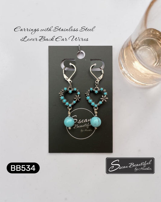 Sseau Beautiful! turquoise heart and floral dangle earrings with stainless steel lever backs. Boho gift for her.