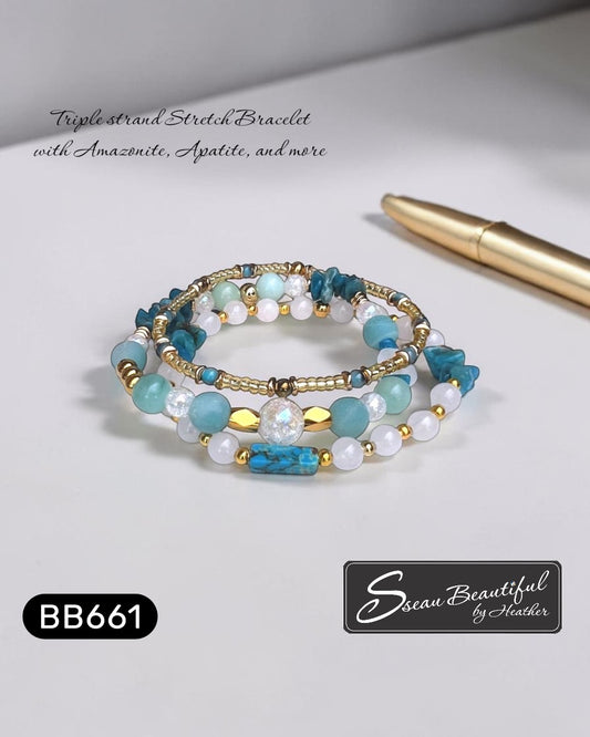 Sseau Beautiful! triple strand stretch bracelet with Amazonite, Apatite, Agate, Quartz, and Hematite beads.