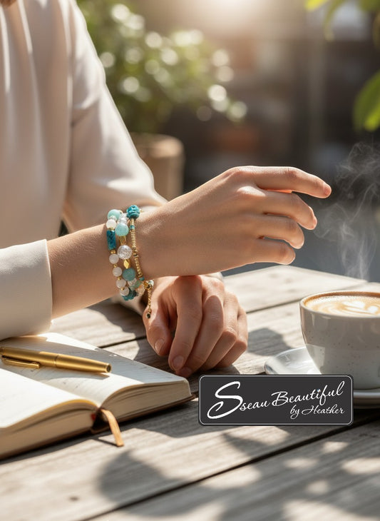 Sseau Beautiful! Amazonite & Agate triple strand stretch bracelet with Apatite and Quartz beads, accented with gold.