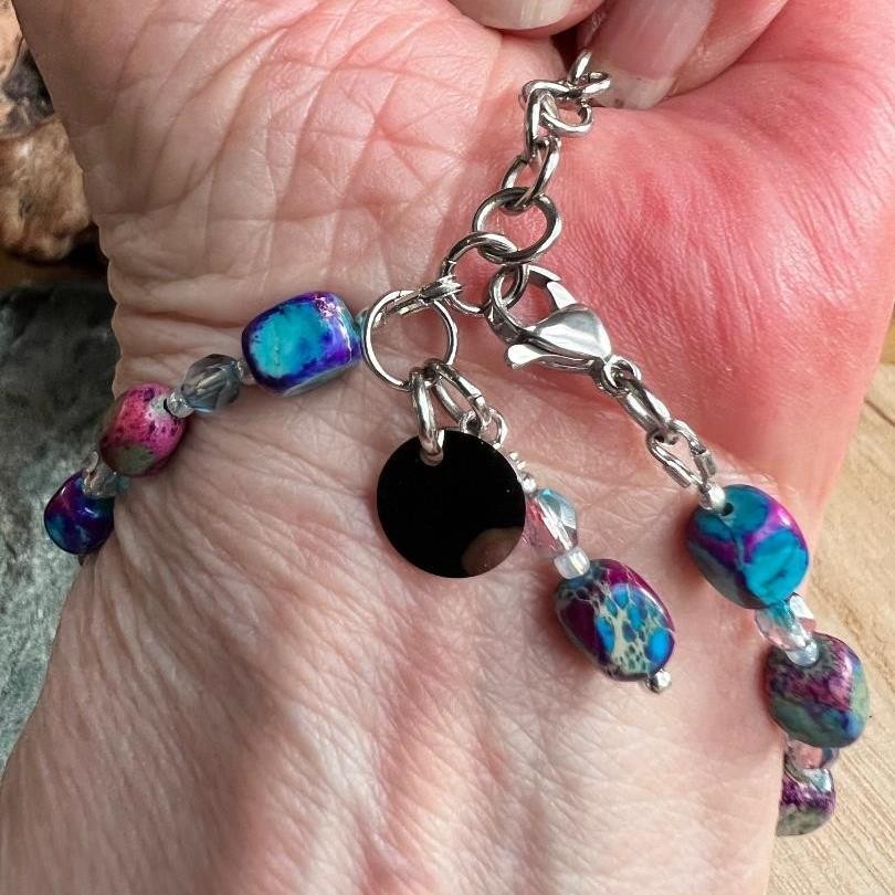 Sseau Beautiful! blue and purple Imperial Jasper rectangular cubes and electroplated glass beads bracelet with Czech crystals and stainless steel clasp.