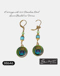 Sseau Beautiful! bohemian peacock dangle earrings with turquoise beads and green crystals, gold-tone lever-back hooks.