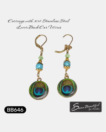 Sseau Beautiful! bohemian peacock dangle earrings with turquoise beads and green crystals, gold-tone lever-back hooks.