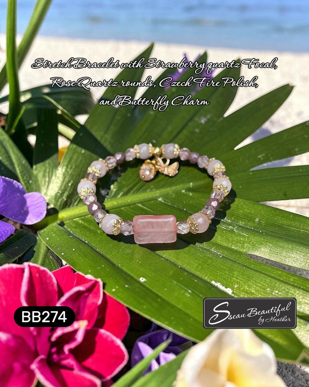 Sseau Beautiful! stretch bracelet with rose quartz, strawberry quartz focal, Czech crystals, and butterfly charm.