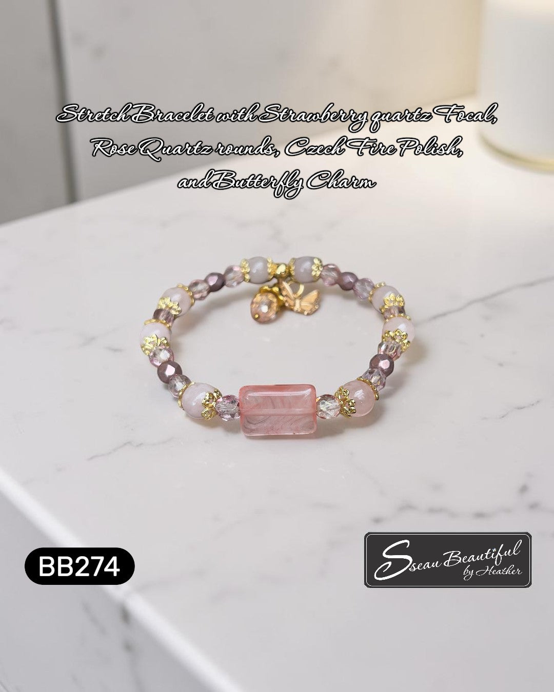 Sseau Beautiful! stretch bracelet with rose quartz, strawberry quartz focal, Czech crystals, and butterfly charm. 7.09 inch.