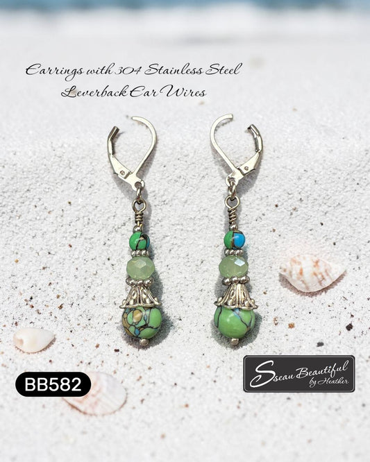Sseau Beautiful! Tri-colour howlite and green crystal dangle earrings with stainless steel leverback ear wires.