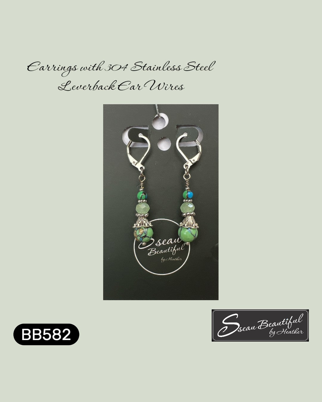 Sseau Beautiful! Tri-Colour Howlite & green crystal dangle earrings with 304 stainless steel leverback ear wires.